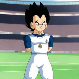 Vegeta from Dragon Ball wearing a Real Madrid football jersey, standing confidently with a determined expression