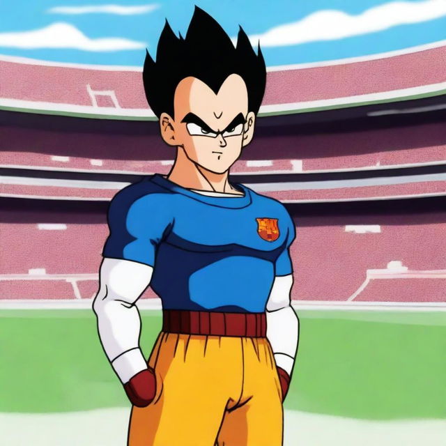 Vegeta from Dragon Ball wearing a FC Barcelona football jersey, standing confidently with a determined expression