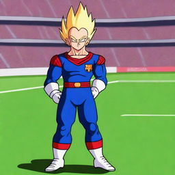 Vegeta from Dragon Ball wearing a FC Barcelona football jersey, standing confidently with a determined expression