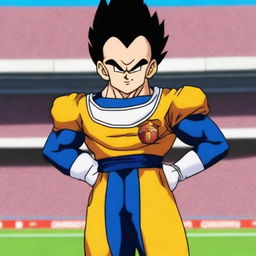 Vegeta from Dragon Ball wearing a FC Barcelona football jersey, standing confidently with a determined expression