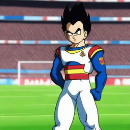 Vegeta from Dragon Ball wearing a FC Barcelona football jersey, standing confidently with a determined expression