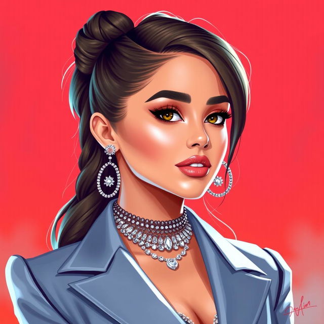 A high-quality digital illustration of Ariana Grande in a glamorous outfit, showcasing her beauty and style in a tasteful and elegant manner