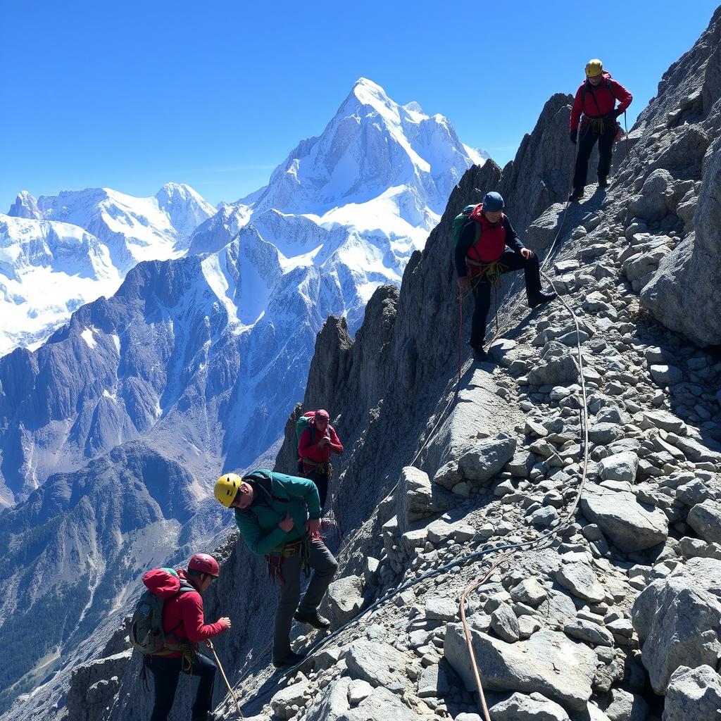 A group of people is seen climbing a steep mountain