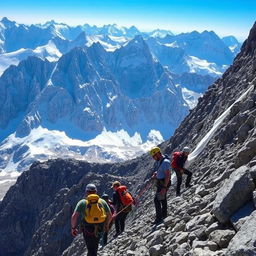 A group of people is seen climbing a steep mountain