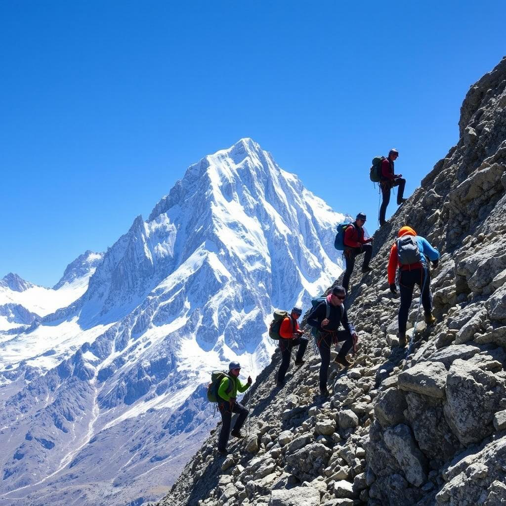 A group of people is seen climbing a steep mountain