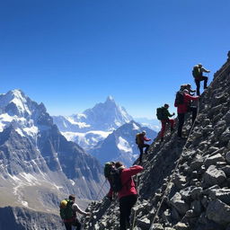 A group of people is seen climbing a steep mountain