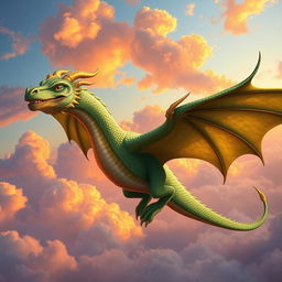 A majestic dragon named Gisele soaring through the sky, her scales shimmering in various shades of green and gold