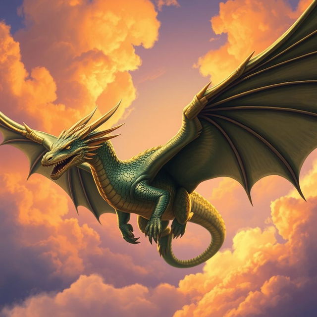 A majestic dragon named Gisele soaring through the sky, her scales shimmering in various shades of green and gold