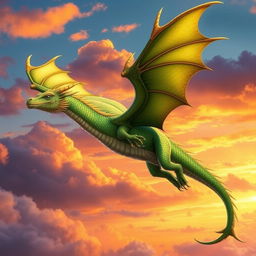 A majestic dragon named Gisele soaring through the sky, her scales shimmering in various shades of green and gold