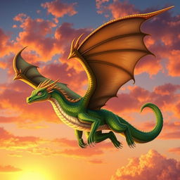 A majestic dragon named Gisele soaring through the sky, her scales shimmering in various shades of green and gold