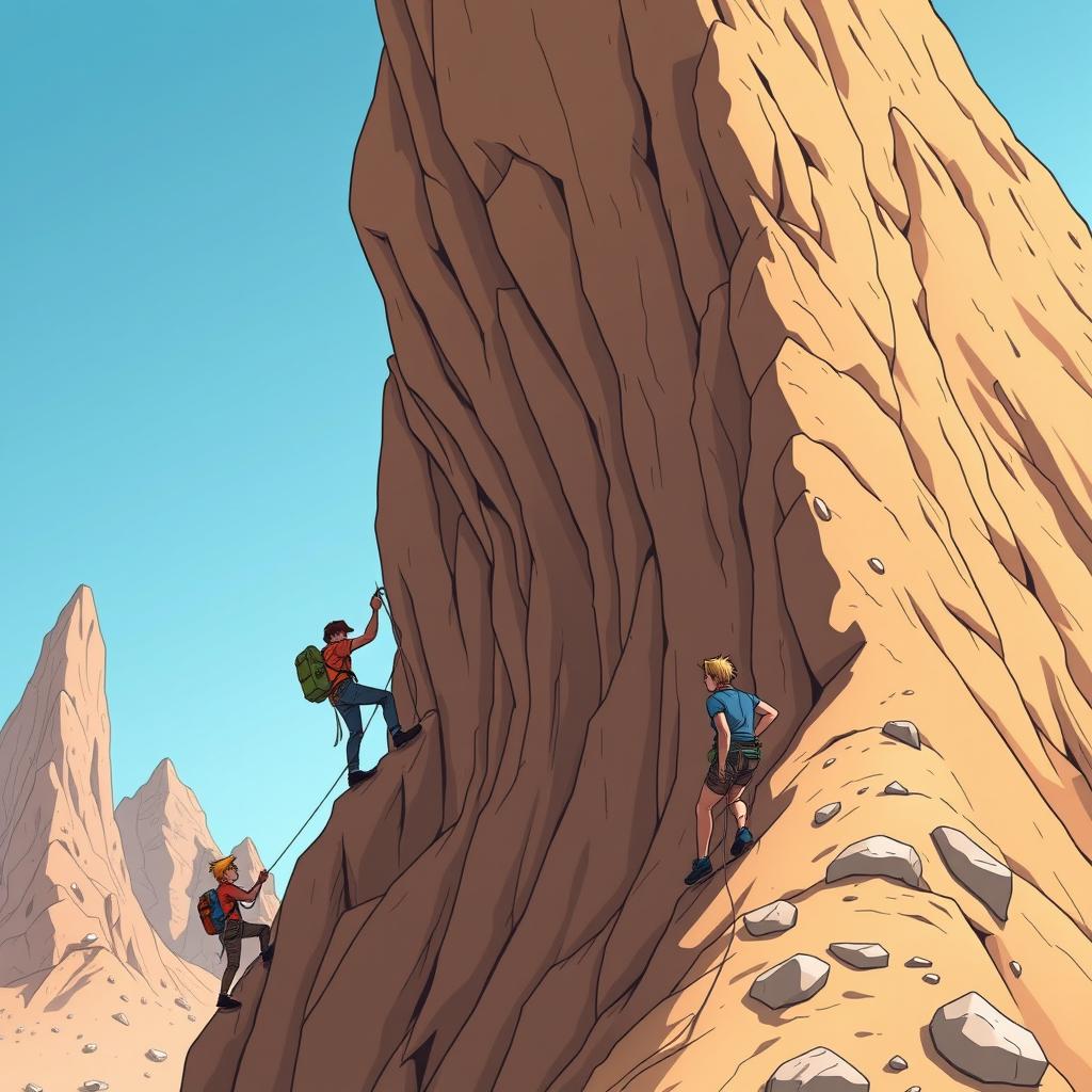 A comic-style illustration of people trying to climb a steep desert mountain