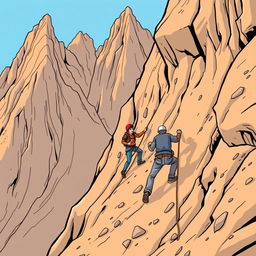 A comic-style illustration of people trying to climb a steep desert mountain