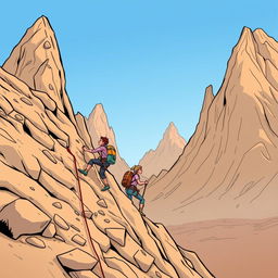 A comic-style illustration of people trying to climb a steep desert mountain