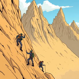 A comic-style illustration of people trying to climb a steep desert mountain