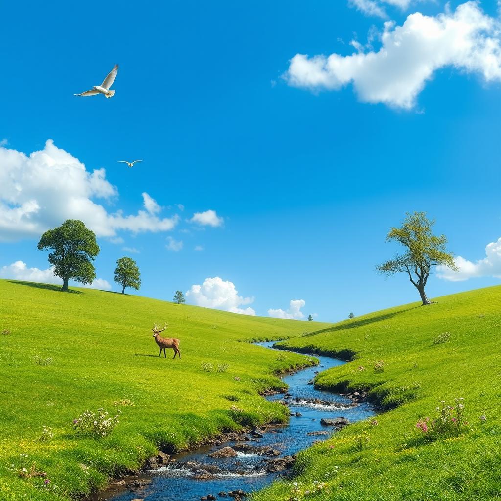 A serene landscape with a clear blue sky, lush green meadows, and a gentle stream flowing through