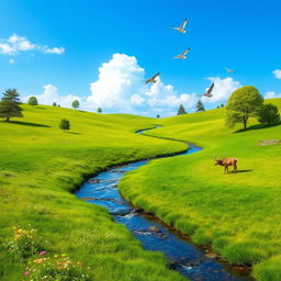 A serene landscape with a clear blue sky, lush green meadows, and a gentle stream flowing through