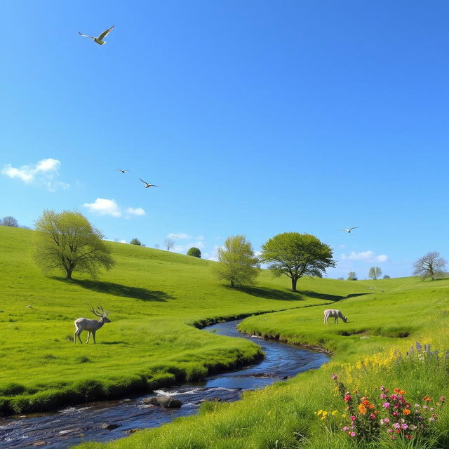 A serene landscape with a clear blue sky, lush green meadows, and a gentle stream flowing through