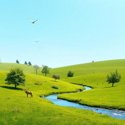 A serene landscape with a clear blue sky, lush green meadows, and a gentle stream flowing through