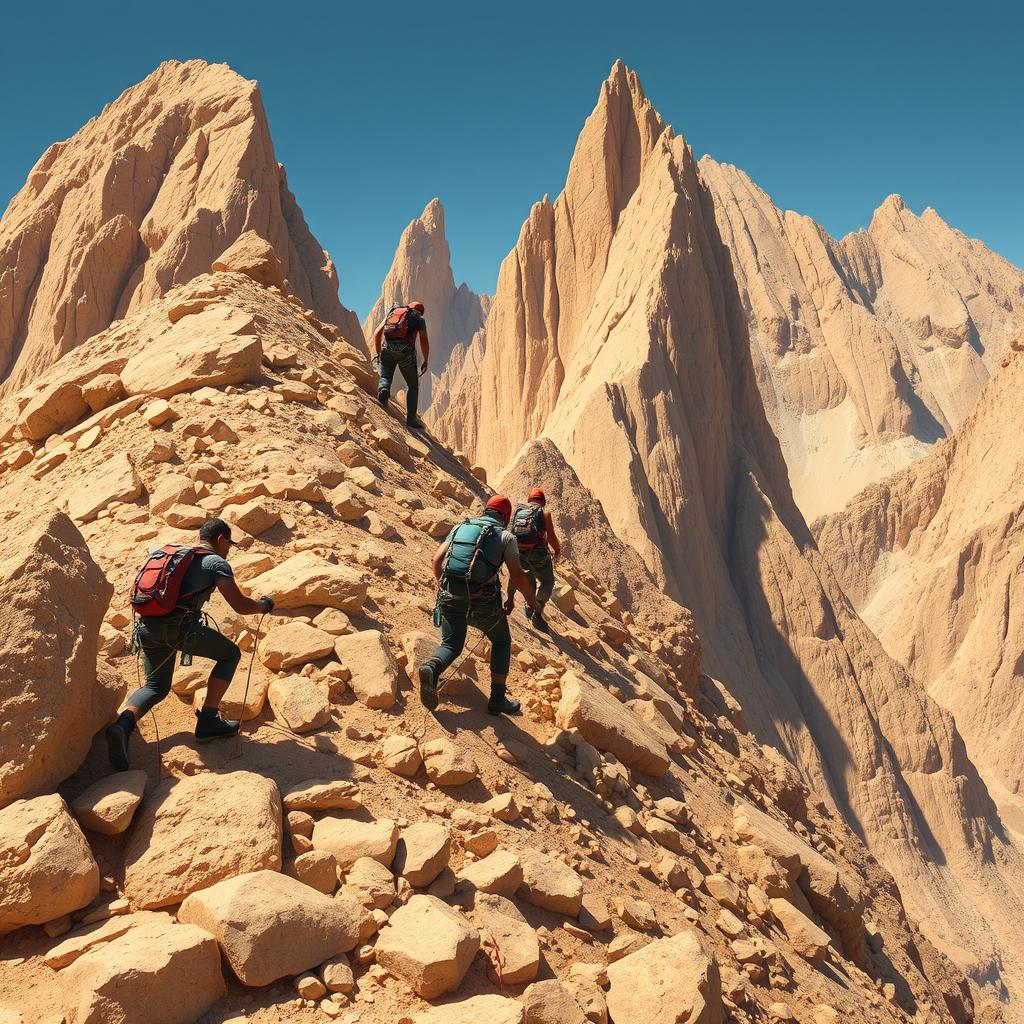 A detailed scene of people trying to climb a steep desert mountain