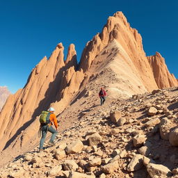 A detailed scene of people trying to climb a steep desert mountain