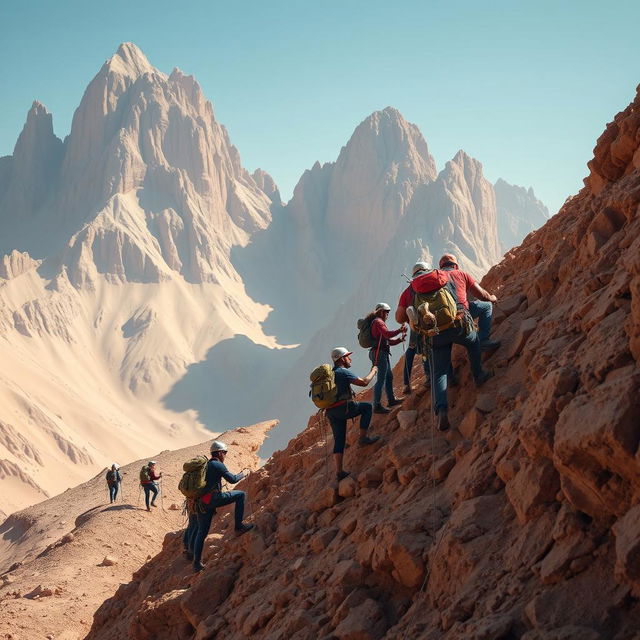 A detailed scene of people trying to climb a steep desert mountain