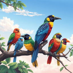 A vibrant and detailed illustration of various birds perched on a tree branch, showcasing their colorful feathers