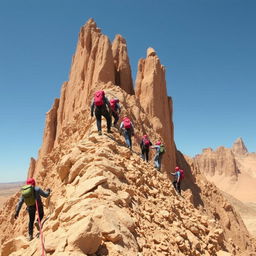 A detailed scene of people trying to climb a steep desert mountain