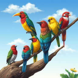 A vibrant and detailed illustration of various birds perched on a tree branch, showcasing their colorful feathers