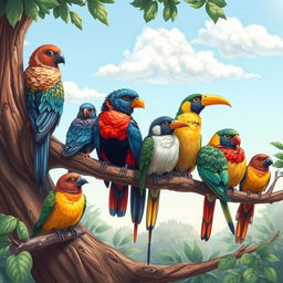 A vibrant and detailed illustration of various birds perched on a tree branch, showcasing their colorful feathers