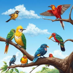 A vibrant and detailed illustration of various birds perched on a tree branch, showcasing their colorful feathers