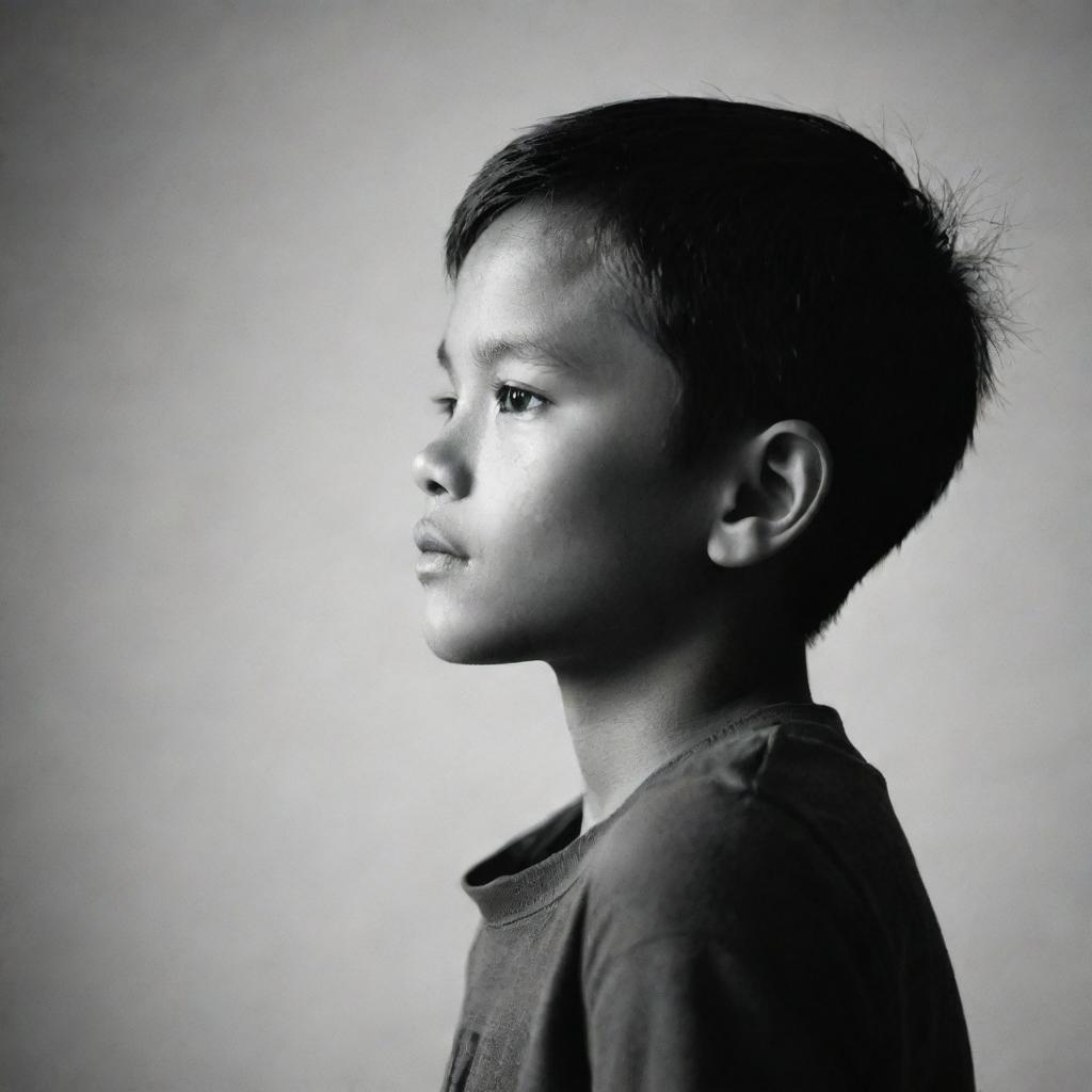 Side view silhouette of a 9-year-old Filipino boy, emphasizing his sharp jawline and youthful profile