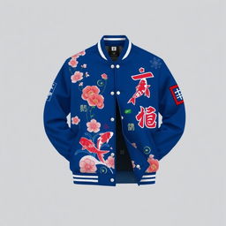 A blue varsity jacket with a Japanese theme