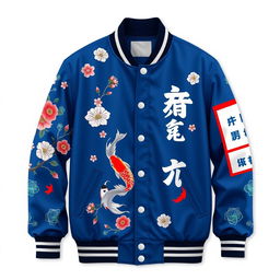 A blue varsity jacket with a Japanese theme