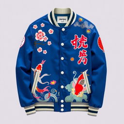 A blue varsity jacket with a Japanese theme