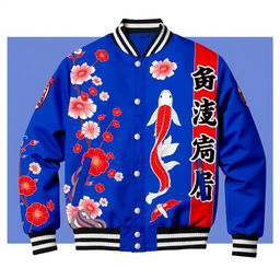 A blue varsity jacket with a Japanese theme