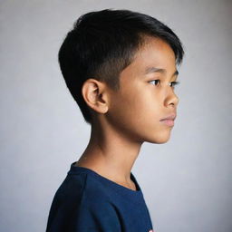 Side view silhouette of a 9-year-old Filipino boy, emphasizing his sharp jawline and youthful profile