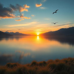 Create a beautiful and serene landscape featuring a sunset over a calm lake, with mountains in the background and a few birds flying in the sky