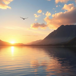 Create a beautiful and serene landscape featuring a sunset over a calm lake, with mountains in the background and a few birds flying in the sky