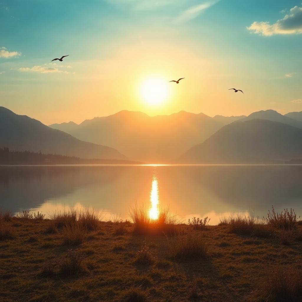 Create a beautiful and serene landscape featuring a sunset over a calm lake, with mountains in the background and a few birds flying in the sky