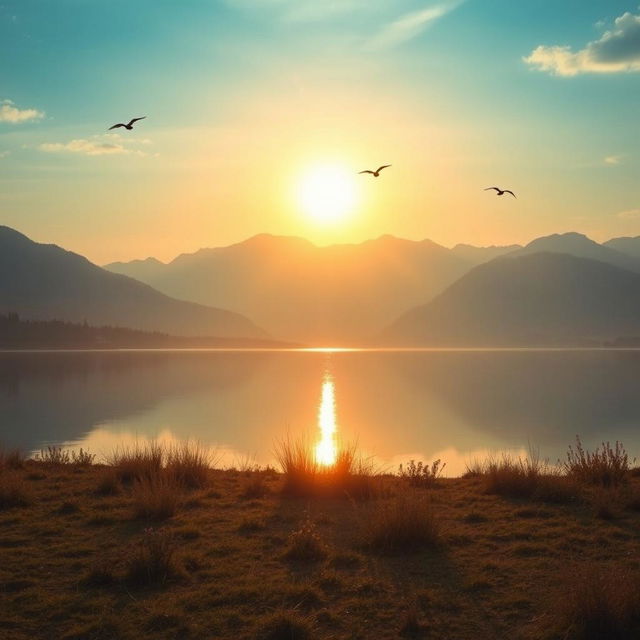 Create a beautiful and serene landscape featuring a sunset over a calm lake, with mountains in the background and a few birds flying in the sky