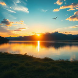 Create a beautiful and serene landscape featuring a sunset over a calm lake, with mountains in the background and a few birds flying in the sky