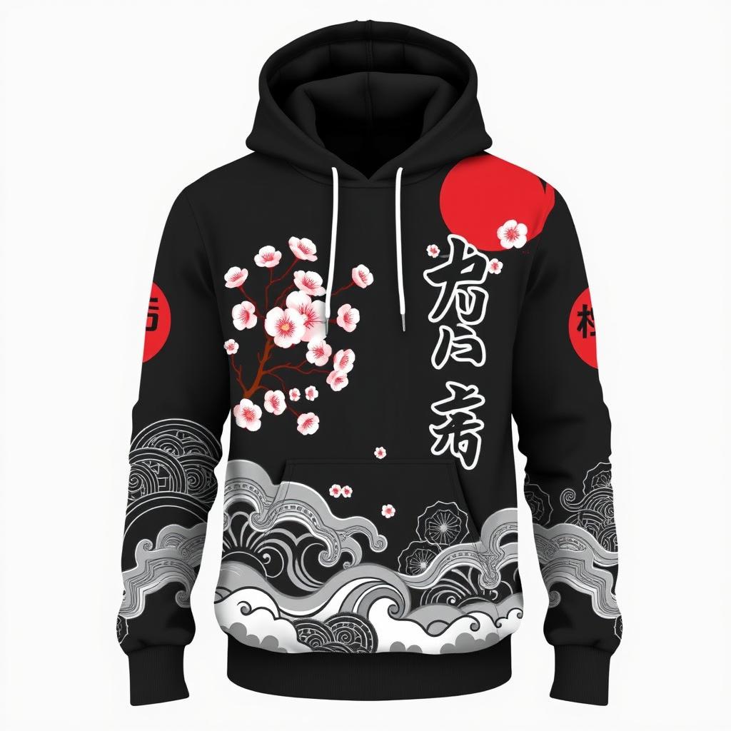 A stylish hoodie with a Japanese theme featuring traditional patterns, cherry blossoms, and kanji characters