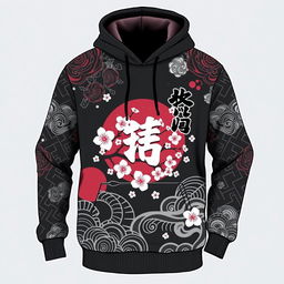 A stylish hoodie with a Japanese theme featuring traditional patterns, cherry blossoms, and kanji characters