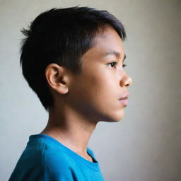 Side view silhouette of a 9-year-old Filipino boy, emphasizing his sharp jawline and youthful profile