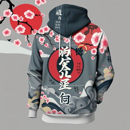 A stylish hoodie with a Japanese theme featuring traditional patterns, cherry blossoms, and kanji characters