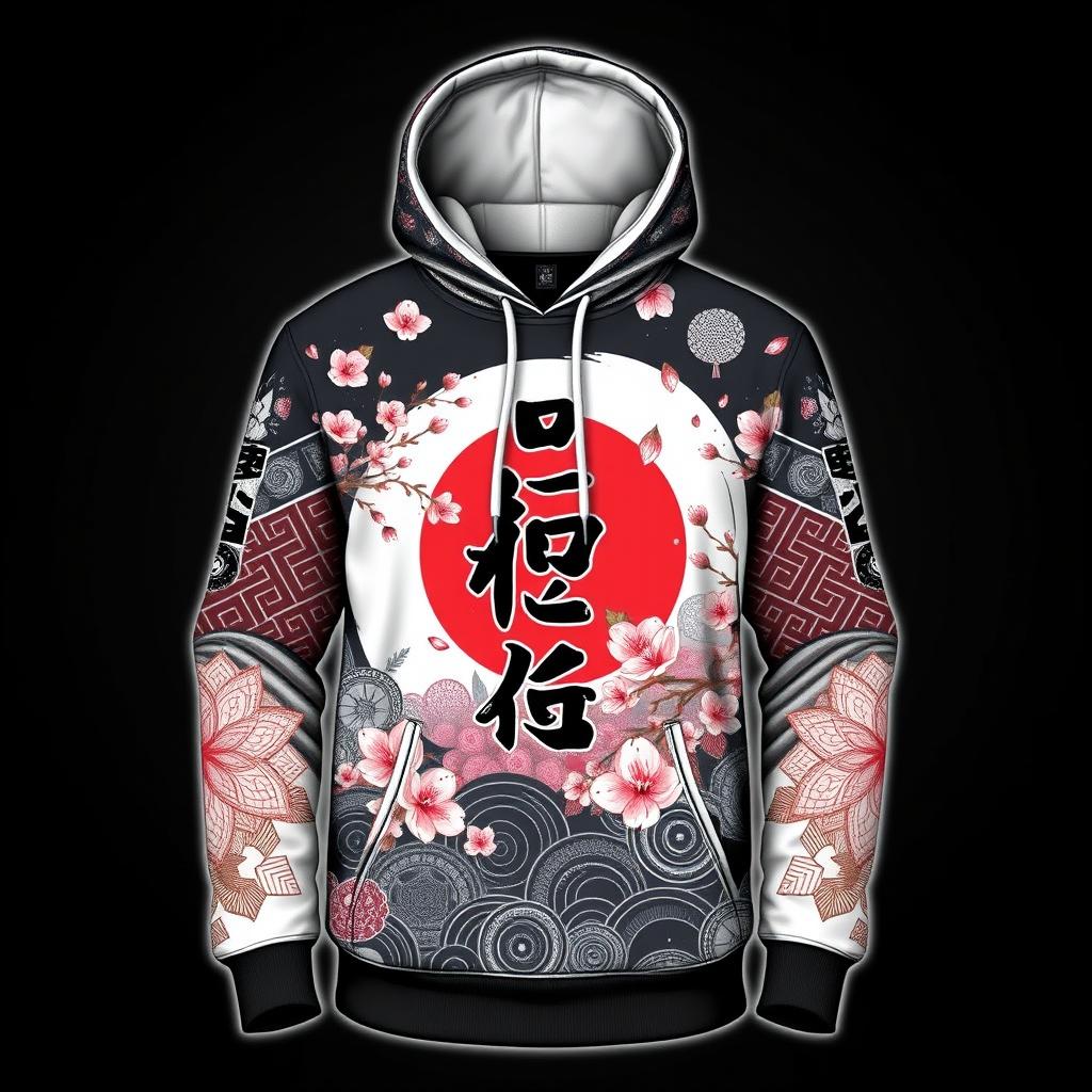 A stylish hoodie with a Japanese theme featuring traditional patterns, cherry blossoms, and kanji characters