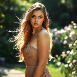 A beautiful woman with flowing hair, wearing an elegant dress, standing in a serene natural setting with a soft, warm light illuminating her face