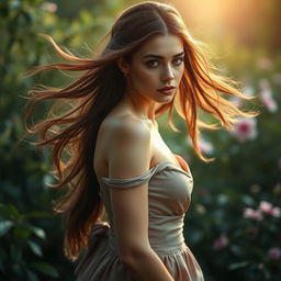 A beautiful woman with flowing hair, wearing an elegant dress, standing in a serene natural setting with a soft, warm light illuminating her face