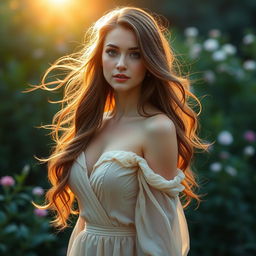 A beautiful woman with flowing hair, wearing an elegant dress, standing in a serene natural setting with a soft, warm light illuminating her face