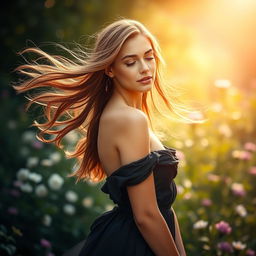 A beautiful woman with flowing hair, wearing an elegant dress, standing in a serene natural setting with a soft, warm light illuminating her face